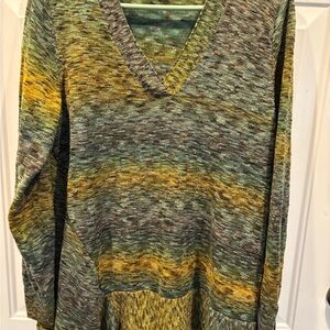 LOGO by Lori Goldstein Marled V-Neck Sweater in Green and Yellow